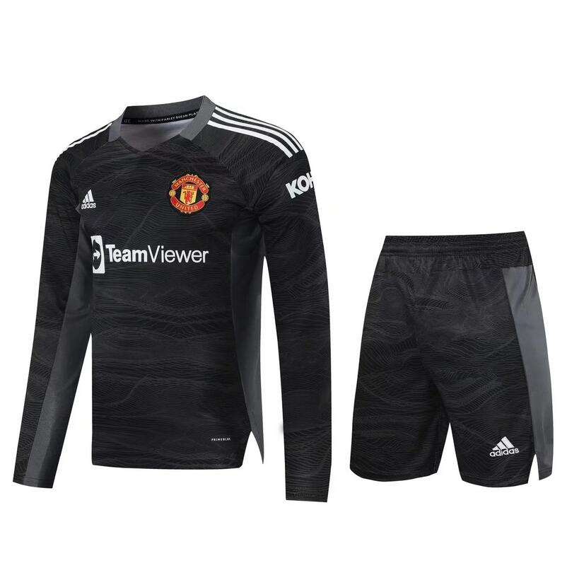 2021/22 Manchester United Long Sleeve Black Goalkeeper Soccer Kits Shirt with Shorts